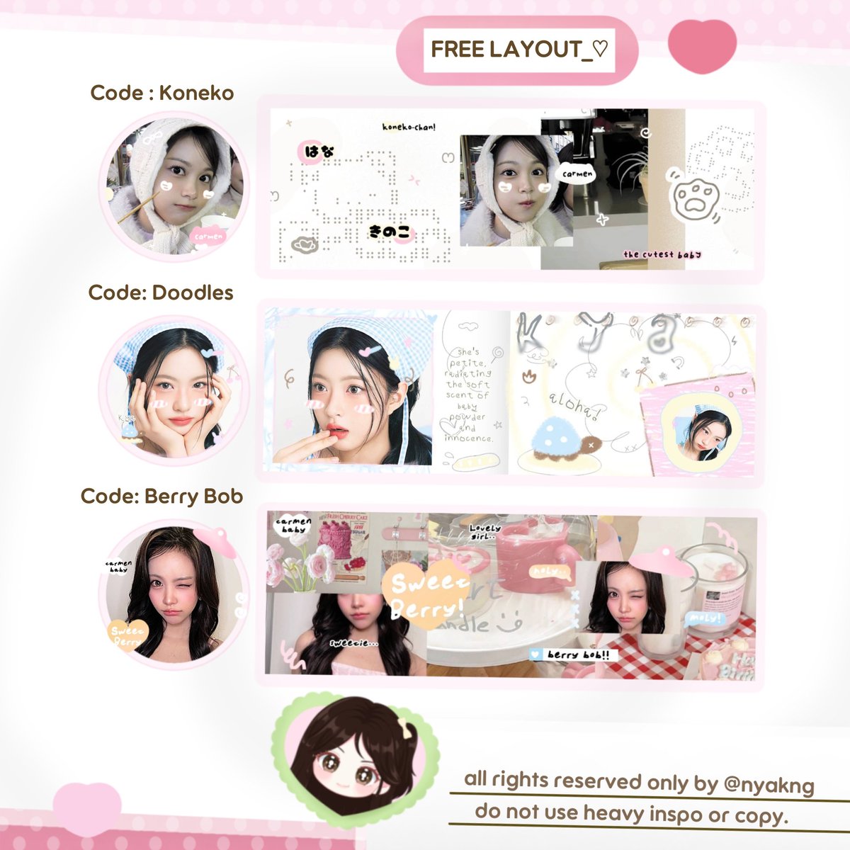 nyakng's tweet photo. Help repost, ありがとう! #zonauang

In a celebration of today 32th Birthday Bai Lu @bailluu 🎂 ada 3 FREE LAYOUT BY REQUEST dengan katalog di bawah ini. 💗 Chekie ALT untuk rulesnya! <3 #BloomingDeerKaelyn

⊹ 𖹭 Claim by reply
🎀 Now - 24 sept (22.00 WIB) https://t.co/xcLIXgNNub