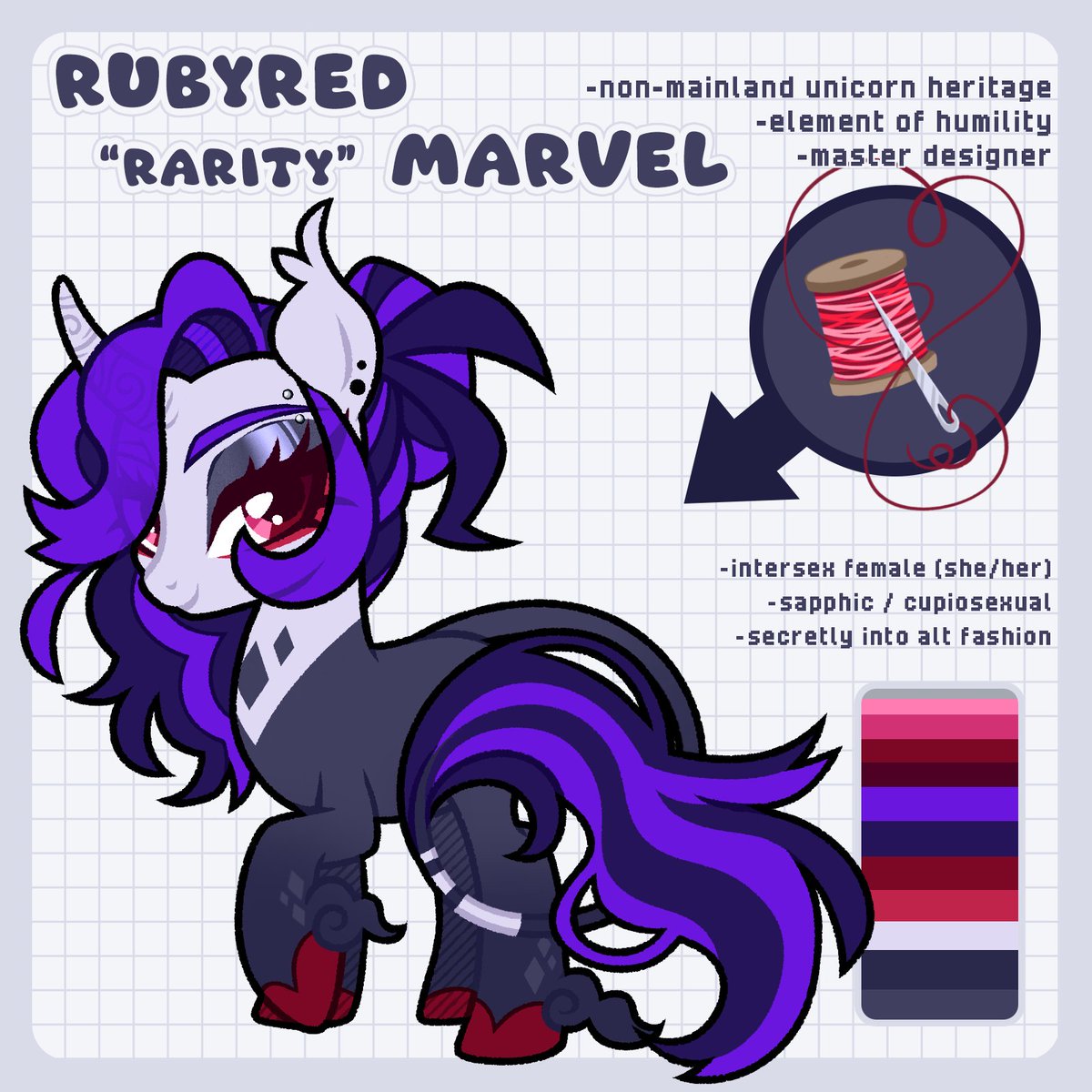 PrairieStPony's tweet photo. Rubyred "Rarity" Marvel 🧵💎

✦ nicknames include Rarity (her primary name), Ruby, Rares, 'The Diamond Lady', 'The Red Eyed Rarity'
✦ non-mainland unicorn heritage 
✦ master designer and seamstress
✦ element of humility (similar to generosity, just an step further) https://t.co/I32GdkQnXx