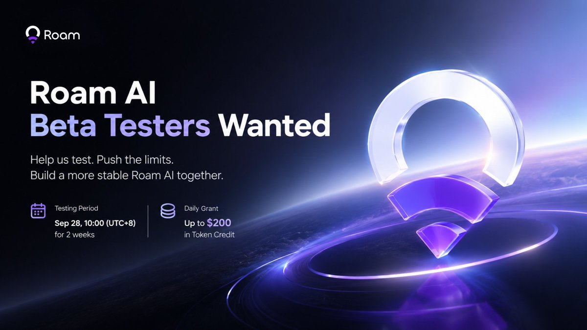weroamxyz's tweet photo. 🧪 Roam AI Beta Testers Wanted

To test Roam AI under full workloads and system stability, we’re opening a two-week Beta Testing program.

📅 Beta period: Sep 28, 10:00 AM – Oct 12, 10:00 AM (UTC+8).

💰 During the beta: Each user gets up to $200 worth of free tokens per day.

🔥 Make full use of your daily credits and help us test how Roam AI performs under high demand.

No need to hold back — use it, test it, and help us push Roam AI to its limits.

📝 Want to join? Fill out the application form here:
https://t.co/dh37GIGhIB