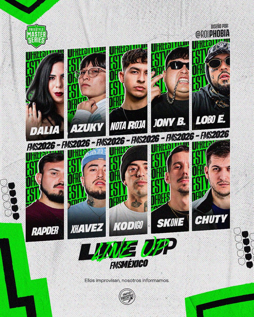 InfoFreestyle2's tweet photo. ¡Temporada 2026 - FMS México 🇲🇽! 

- DALIA CASTELLA 🇪🇸
- AZUKY
- NOTA ROJA
- JONY BELTRAN
- LOBO ESTEPARIO
- RAPDER
- XHAVEZ
- KODIGO 🇦🇷
- SKONE 🇪🇸
- CHUTY 🇪🇸

#FMSMexico 🇲🇽 https://t.co/L7T1npV3jn