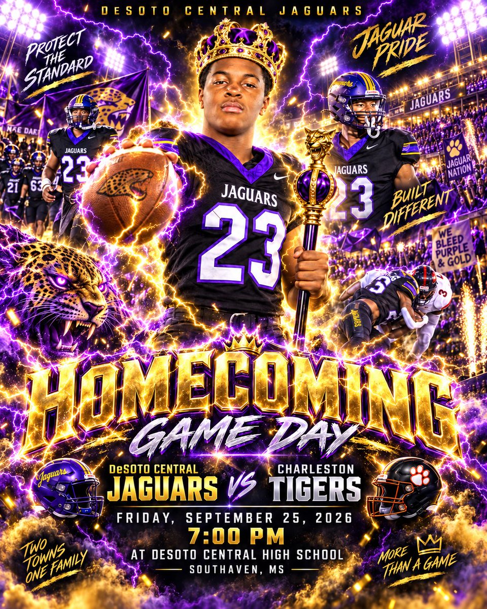 TylerBraswell23's tweet photo. HOMECOMING WEEK!!!🐆 Come out Friday night and support us as we take on Charleston at DeSoto Central! Bring the energy, wear your purple &amp; gold, and help us pack the stands. Let’s make Homecoming a good one! #GoJags #Homecoming #DeSotoCentral #Jaguars https://t.co/dtMEcD8UmY