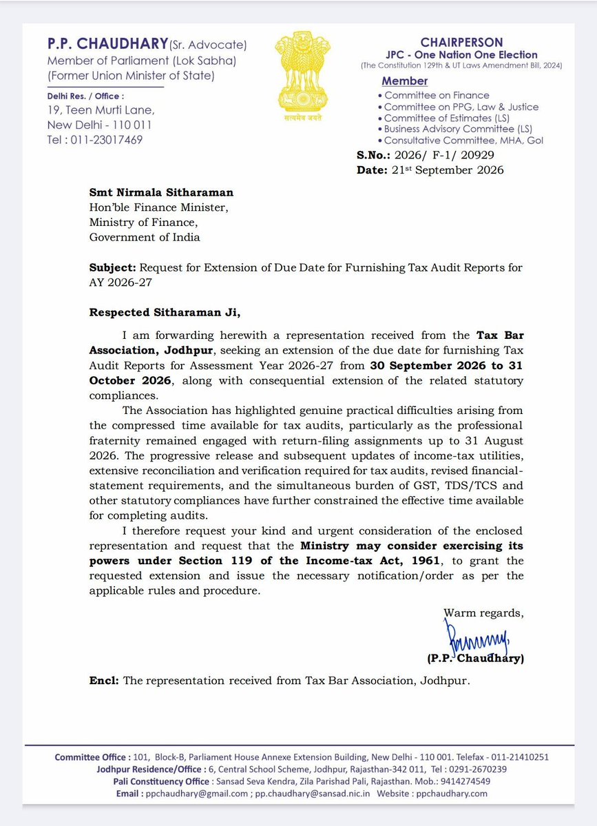 vaibhavgadeka13's tweet photo. Representation forwarded by Hon’ble MP Shri P.P. Chaudhary to Hon’ble FM Smt. Nirmala Sitharaman, requesting extension of Tax Audit due date from 30 Sept to 31 Oct 2026, citing genuine practical difficulties. 🙏

 #ExtendTaxAuditDueDate

@JodhpurTba https://t.co/AuSLsomCDf