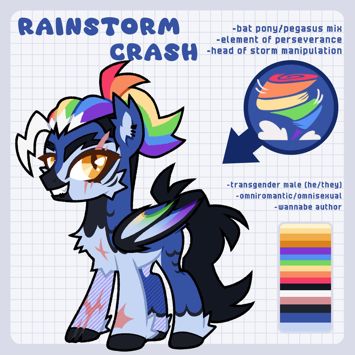 PrairieStPony's tweet photo. Rainstorm Crash 🌈🌪️

✦ nicknames include Rain, Raincrash, Stormchaser, Storms, Rainbow (really only allows parents/family)
✦ bat pony + pegasus mix 
✦ works with the weather factory/ponies to create and move around storms and more dangerous weather
✦ element of perseverance https://t.co/7v8LMe83z3