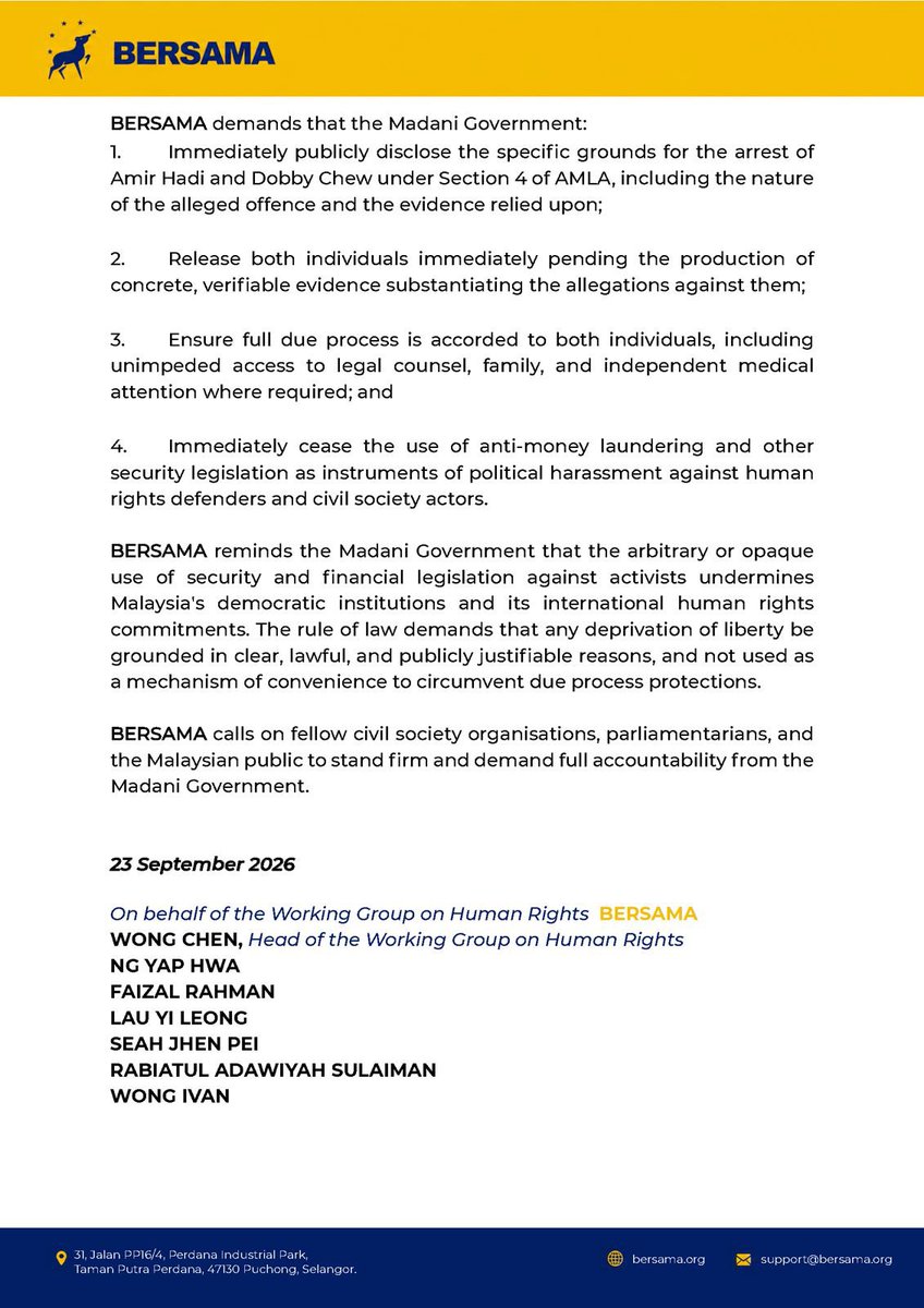 WongChen_MY's tweet photo. BERSAMA Condemns the Arrest of Amir Hadi and Dobby Chew Under Anti-Money Laundering Act, Demands Immediate Disclosure of Grounds for Arrest https://t.co/XiulV6fs1E