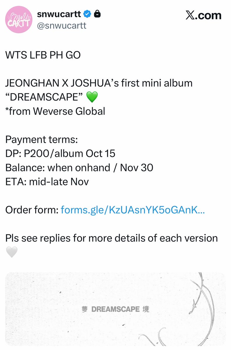 snwuextt's tweet photo. PH Giveaway 🎉

JEONGHAN X JOSHUA’s first mini album “DREAMSCAPE” 💚

- 2 winners of Standard Ver

Mechanics:
- like &amp; RT this tweet 
- must be following us &amp; @snwucartt 

*shipping fee on us

Goodluck! 🤍

🏷️ WTS LFB PH GO SEVENTEEN JEONGHAN JOSHUA DREAMSCAPE https://t.co/ps5DN8BT77