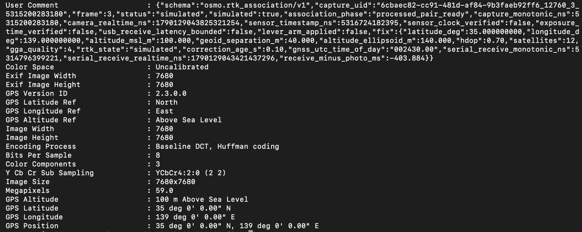 pentacoxian_dev's tweet photo. As long as the RTK module can send standard NMEA over USB, I can make the osmo embed the RTK info on the taken pictures exif data directly from the module connected to the osmo USB port so just a standard RTK module that can connect over USB is enough.

I don't have a good RTK module at hand so used a esp32 emulating NMEA packets over USB and got the osmo to embed the simulated info into exif.