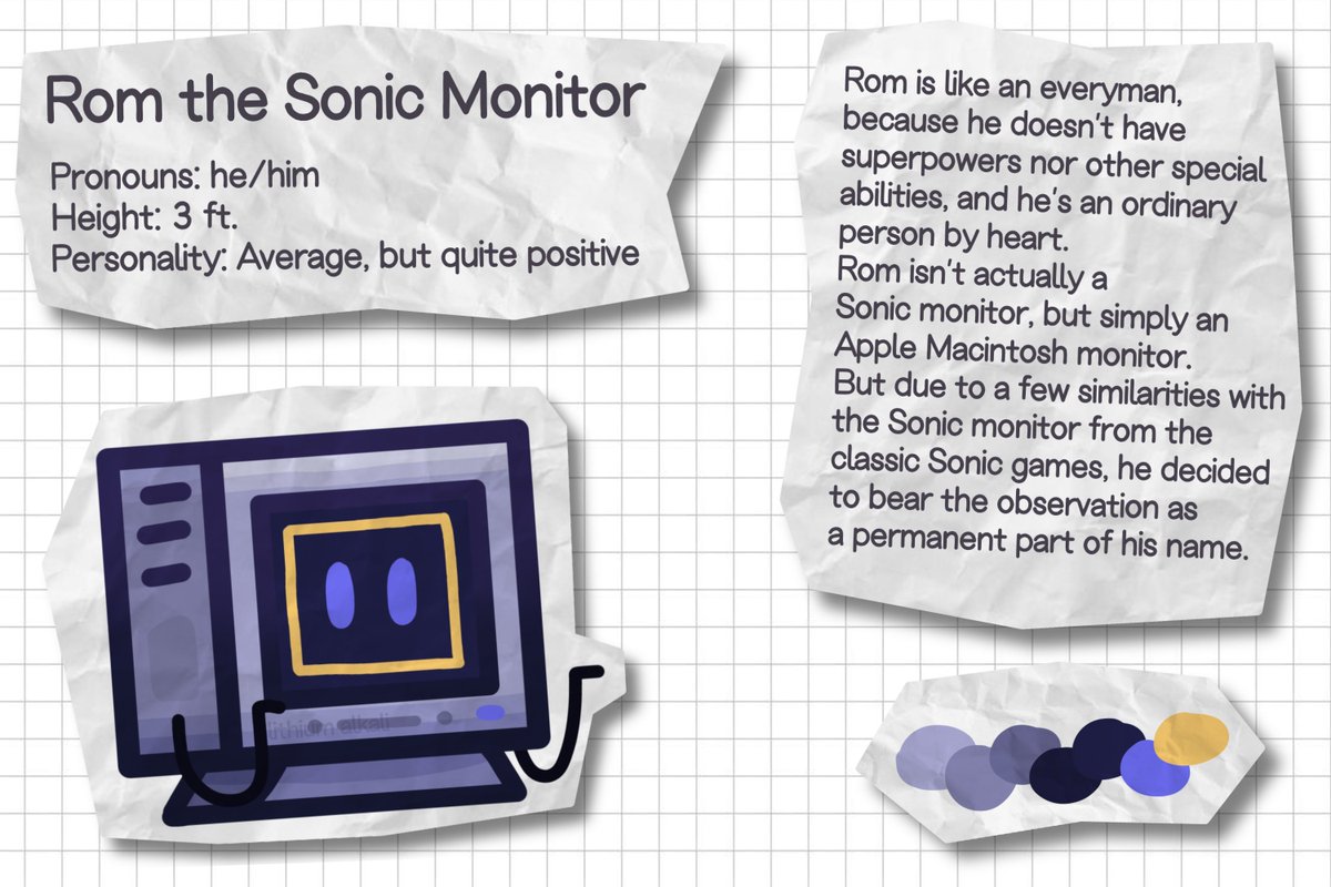LithiumAlkali3's tweet photo. Rom the Sonic Monitor.

He's quite a normal person, nothing special, though he can be optimistic (he labels it as "positive") and enthusiastic in the right circumstances. As large as a Macintosh LC screen btw.

#art #OCㅤㅤ https://t.co/Jtp8Xh06cb