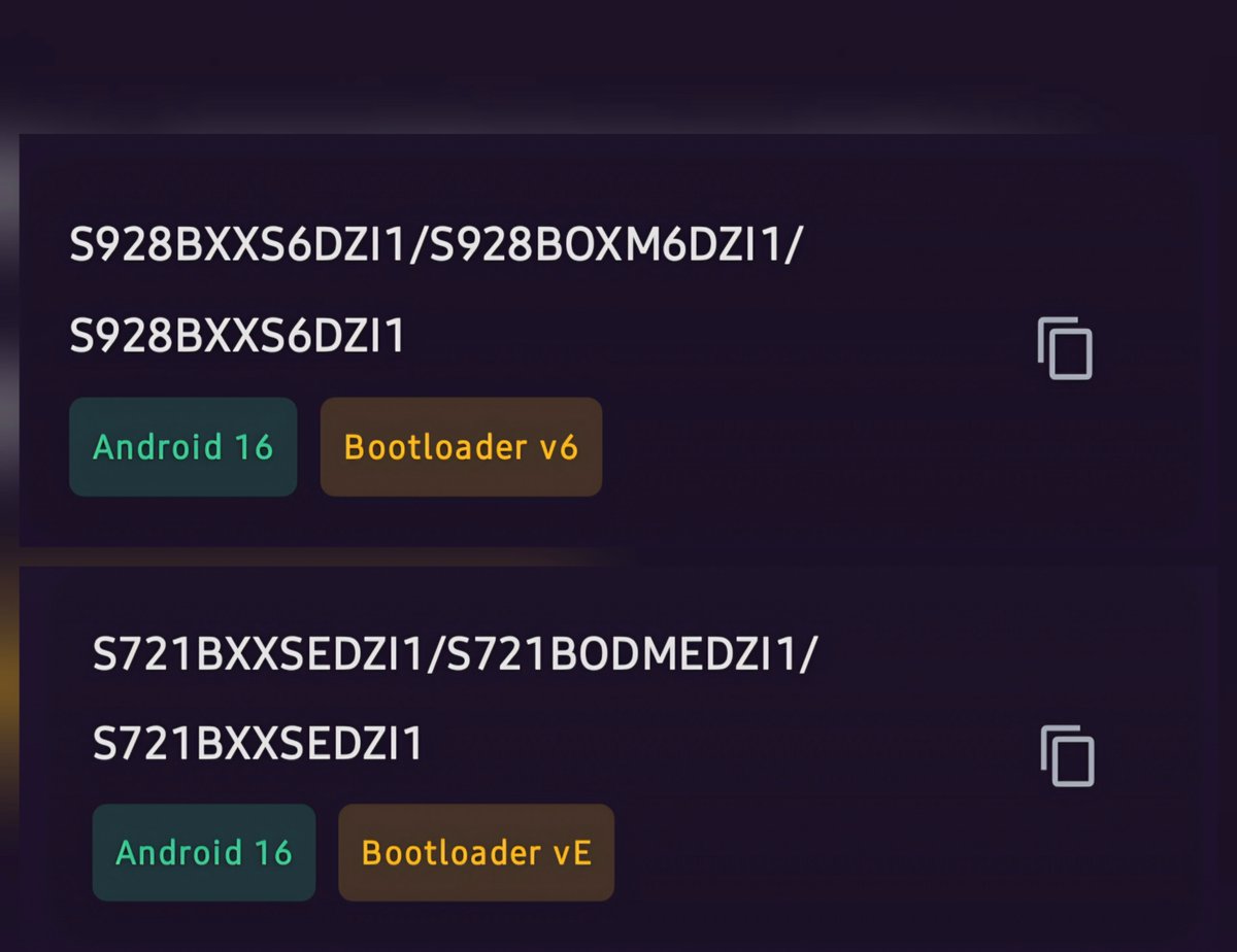 tarunvats33's tweet photo. Galaxy S24 Series/S24 FE: New One UI 8.5 stable test builds spotted on the server.

Builds:
S928BXXS6DZI1
S721BXXSEDZI1

The next update for the Galaxy S24 is One UI 8.5 based on the September security patch, not One UI 9. https://t.co/ZrJP0B7A71