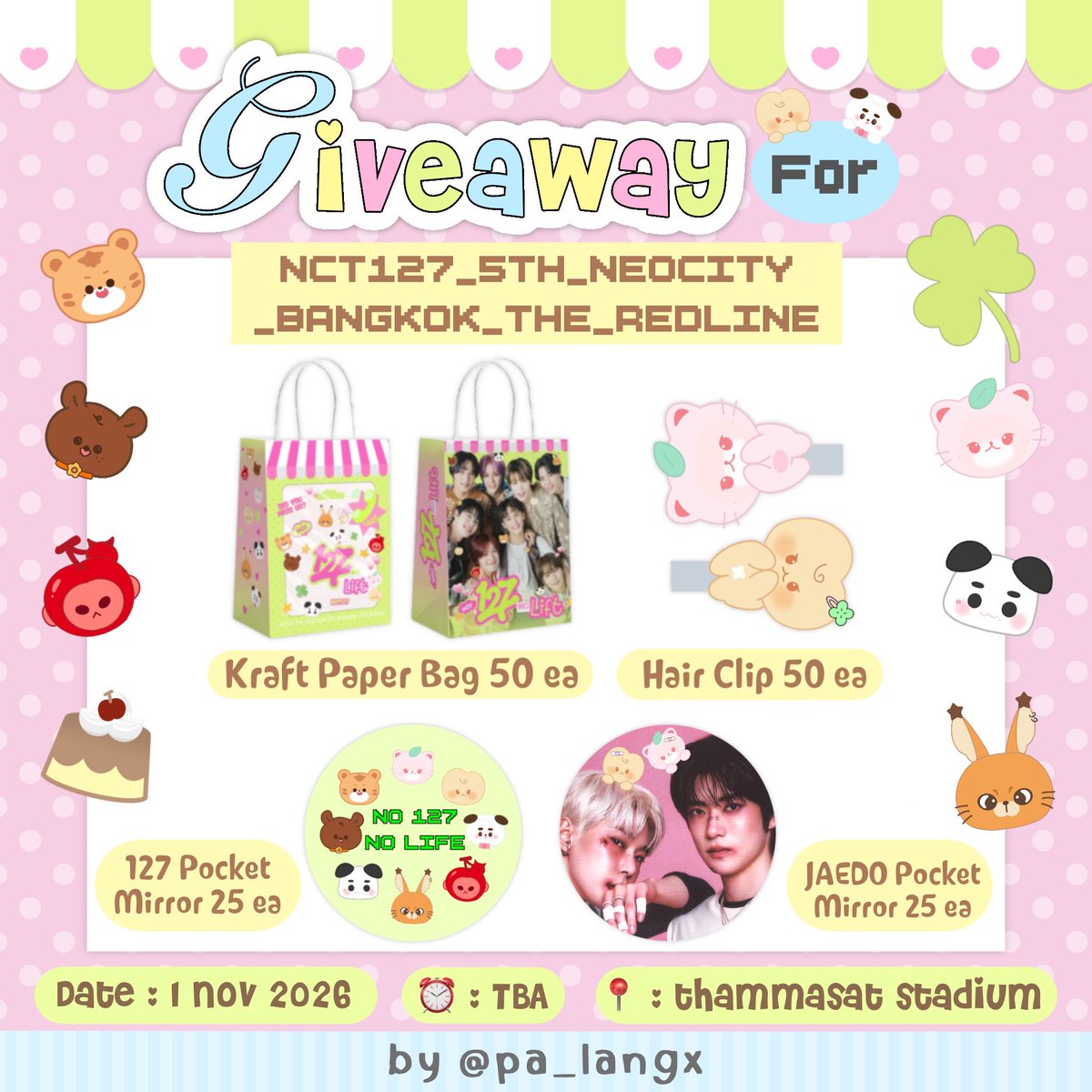pa_langx's tweet photo. ✮ GIVEAWAY ✮ 
⋆𐙚˚࿔ for #THE_REDLINE_BANGKOK 𝜗𝜚˚⋆

𐔌՞. .՞𐦯 ᯓᰔ ₊˚⊹♡💌🐈 ♥️🧤
𖦹 Kraft Paper Bag — 50 ea
𖦹 127 Pocket Mirror — 25 ea
𖦹 JAEDO Pocket Mirror — 25 ea
𖦹 Hair Clip — 50 ea

🍑rt & show this tweet 👀

✎ᝰ. Date : 1 nov 2026
⏰ : TBA 
📍Location : thammasat stadium
#NCT127_5TH_NEOCITY_THE_REDLINE #NCT127_5TH_NEOCITY_BANGKOK_THE_RED
