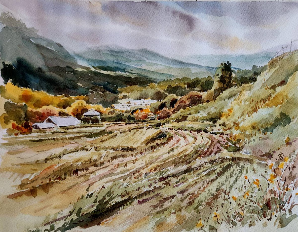 akemisuisai's tweet photo. 秋の棚田、以前描いたスケッチです。
＃透明水彩 ＃風景画 ＃寺坂棚田 ＃watercolor ＃sketch https://t.co/8kyfsBN4tk