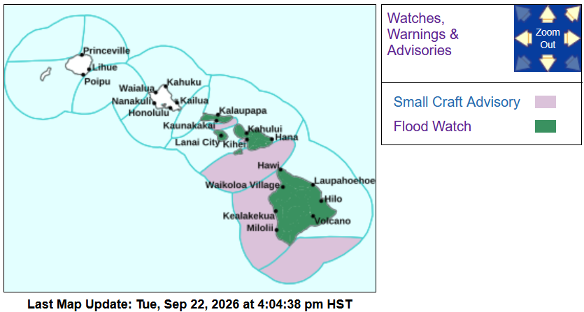Hawaii_EMA's tweet photo. FLOOD WATCH

in effect from Wednesday afternoon (9/23) through Saturday afternoon (9/26) for Maui, Lānaʻi, Molokaʻi, Kahoʻolawe and Hawaiʻi Island

Flash flooding caused by excessive rainfall is possible. Avoid low-lying and other areas prone to flooding. More info at https://t.co/hO6HZoW6Ps