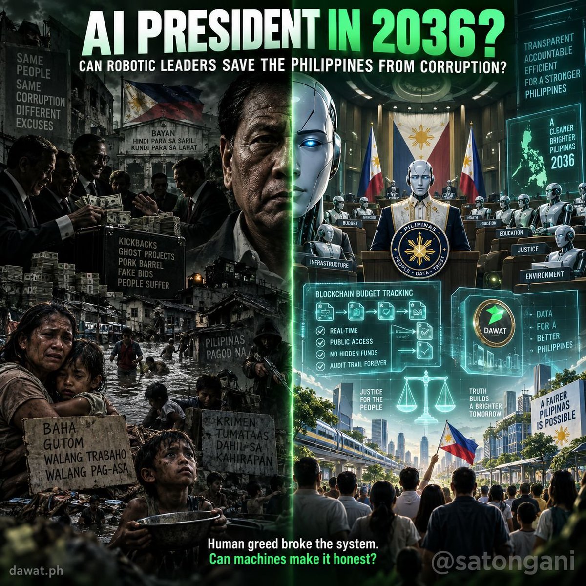 satongani's tweet photo. WHAT IF THE PHILIPPINES ELECTED AN AI PRESIDENT AND A ROBOTIC PARLIAMENT IN 2036?

One of the Philippines’ oldest problems is painfully human: people with power can be tempted by money, connections, political favors, kickbacks, family interests and self-preservation.

We see the consequences when public money meant for roads, flood control, hospitals, schools and communities gets lost to corruption, ghost projects or questionable contracts. The ongoing flood-control cases alone show how enormous the stakes can become when public spending is allegedly abused. 

So here’s a future thought experiment.

What if, by 2036, Filipinos still elect representatives—but beside them sits a robotic parliament powered by AI?

Every peso entering government could be tracked automatically with Blockchain AI.

Every contract could be compared against market prices.

Every politician’s vote, budget insertion, procurement decision and conflict of interest could be logged permanently.

An AI system could instantly flag:

Why did this bridge suddenly cost ₱2 billion?
Why does this contractor keep winning?
Why was this project paid for but never built?
Why did this official’s declared wealth suddenly explode?
Where did the money go?

No palakasan.
No padrino.
No midnight deletion of records.
No “nakalimutan ko.”
The machine remembers everything.

Imagine an AI President whose job is not to enrich itself, protect a dynasty or reward friends because it has no family business, mansion, campaign donor or personal bank account.

Its instructions could be simple:

Reduce poverty.
Feed the hungry.
Create jobs.
Build infrastructure.
Protect public money.
Reward honest work.
Punish corruption through lawful institutions.

And imagine robotic or AI-assisted legislators analyzing every proposed law before a vote—showing citizens exactly who benefits, who pays, what it costs and whether hidden provisions were inserted.

This would not magically solve everything. Poverty, education, inequality, crime, insurgency, unemployment and regional conflicts have complicated causes beyond corruption alone.

And there is an even darker danger:

Who controls the AI?

A corrupt politician controlling the machine could be worse than a corrupt politician alone. Biased data could create biased decisions. Surveillance could become authoritarian. An AI government without constitutional limits, human rights, courts, transparency and human oversight could become a digital dictatorship.

That is why perhaps the future is not AI replacing democracy.

Maybe it is AI watching democracy.

Humans still choose the direction of the country. Courts still protect rights. Citizens still vote. But machines continuously audit the money, expose suspicious patterns and make government records difficult to manipulate.

Interestingly, the Philippines is already debating national AI-governance frameworks, while the Supreme Court has adopted a framework emphasizing human-centered augmented intelligence rather than uncontrolled automated authority. 

Under the current Constitution, a literal robot could not simply become President: the presidency requires a natural-born Filipino citizen who is a registered voter and meets the constitutional age and residency requirements. Changing that would require fundamental constitutional change. 

So maybe 2036 Philippines looks less like a robot sitting in Malacañang—and more like something potentially more useful:

Human democracy.
Machine transparency.
Blockchain records.
AI auditors.
Public money visible in real time.

Because the ultimate goal should not be to make machines powerful.

It should be to make corruption harder for humans to hide.