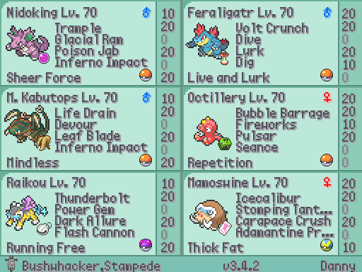 IronTide24's tweet photo. I know there's still more of the adventure to go, but just finished the Makyan tournament in Pokémon Tectonic. I love that you can build a team around your favorite 'mons. Super fun team, glad I could get Raikou to complete the synergy @TectonicFangame https://t.co/KiPff2QNJ3