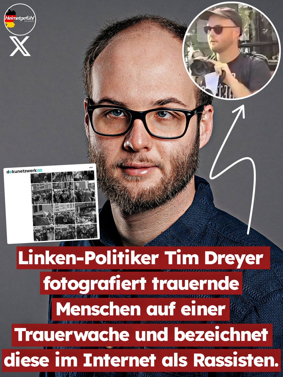 HeimatliebeDE's tweet photo. Antifa-Fotografen laden im Internet 259 Fotos von trauernden Menschen hoch und bezeichnen die Demo „Trauerwache Deutschland“ als „rassistische demonstration“.

Es ist kaum zu fassen.
Antifa-Fotografen machen Jagd auf trauernde Menschen in Frankfurt.

Bei der Kundgebung „Trauerwache Deutschland“ von Michael Kyrath in Frankfurt haben sich zwei Fotografen unter die Menschenmenge gemischt, um Fotos für ihre Website zu machen.

Einer der beiden Fotografen ist der Linken-Politiker Tim Dreyer (Bild im Post).

Wie skrupellos muss man sein, um bei einer Kundgebung, bei der Menschen um getötete Familienmitglieder oder Bekannte trauern, herumzulaufen, sie zu fotografieren und sie anschließend im Internet als „Rassisten“ an den Pranger zu stellen?

Für so viel Verkommenheit habe ich keine Worte mehr.