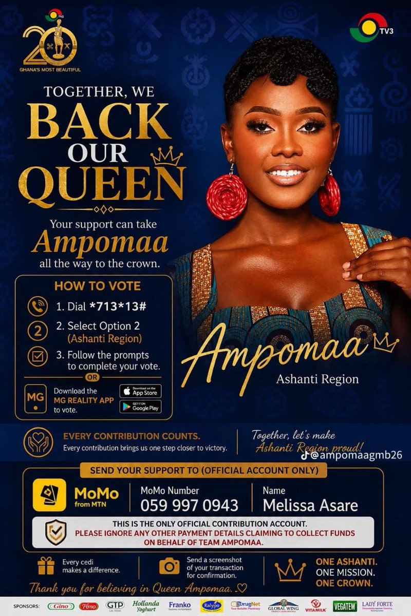 Viba07's tweet photo. @Ampomaa_Gmb26 is here for the ultimate 👑
#Ampowered for the CROWN
Donations are due on her momo number... 
Ashanti Region's Pride 💫 
💛🖤💚
#GMB #GMB26 #GMBAT20 https://t.co/TJFFwevKPZ