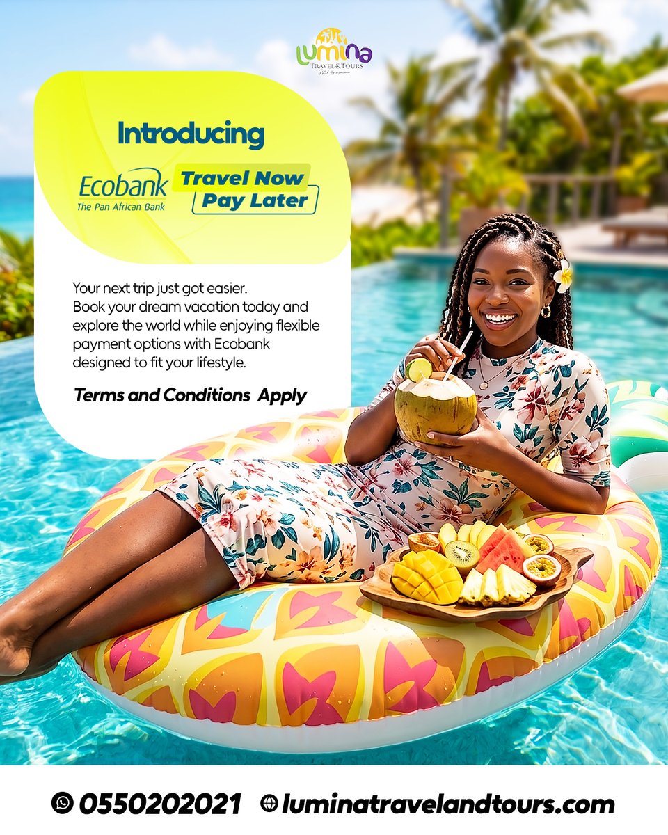maiconvw's tweet photo. A new month means new opportunities to explore the world and now, paying for your dream trip is easier than ever! With Lumina Travel &amp; Tours and Ecobank's Travel Now, Pay Later, you can book your next adventure today and enjoy flexible payment https://t.co/KkOUz9ilku