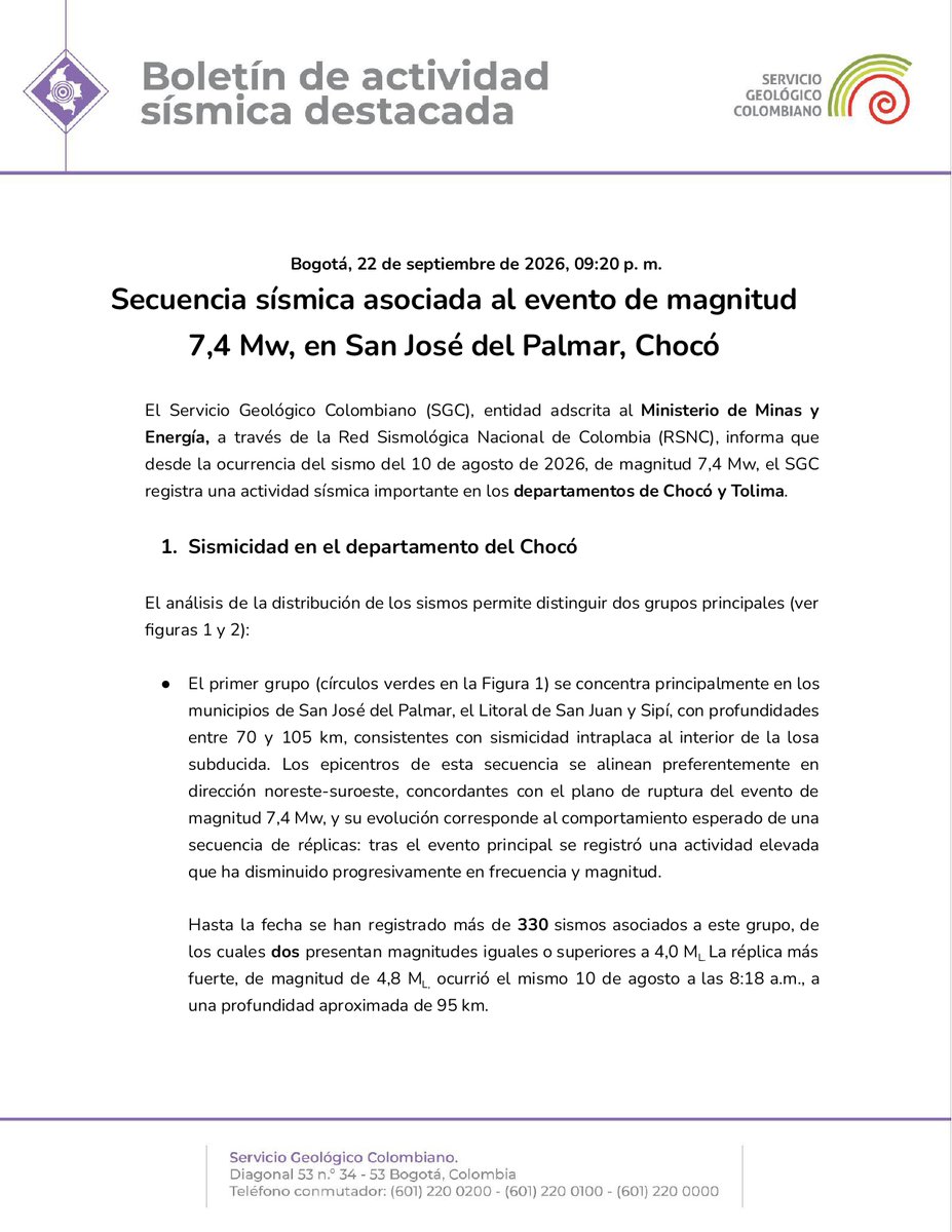 sgcol's tweet photo. 📢 A partir de hoy, martes 22 de septiembre de 2026, y mientras se mantenga esta actividad sísmica destacada, desde el Servicio Geológico Colombiano (SGC) publicaremos un boletín diario sobre la evolución de la sismicidad registrada en los departamentos de Chocó y Tolima.

🔗 La información detallada puede consultarse en el boletín que acompaña esta publicación o en el siguiente enlace:
https://t.co/iuyL5nHm6d