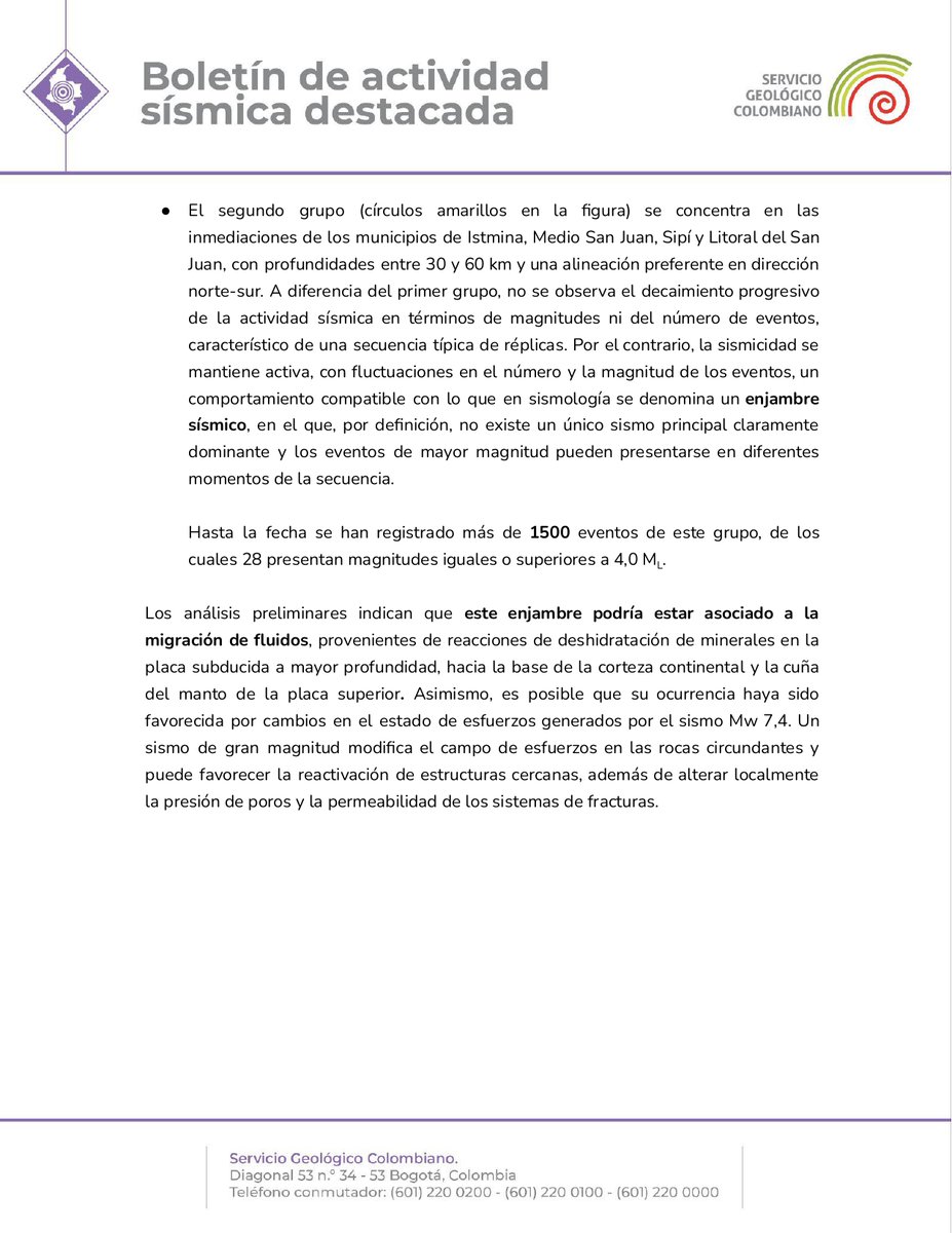 sgcol's tweet photo. 📢 A partir de hoy, martes 22 de septiembre de 2026, y mientras se mantenga esta actividad sísmica destacada, desde el Servicio Geológico Colombiano (SGC) publicaremos un boletín diario sobre la evolución de la sismicidad registrada en los departamentos de Chocó y Tolima.

🔗 La información detallada puede consultarse en el boletín que acompaña esta publicación o en el siguiente enlace:
https://t.co/iuyL5nHm6d
