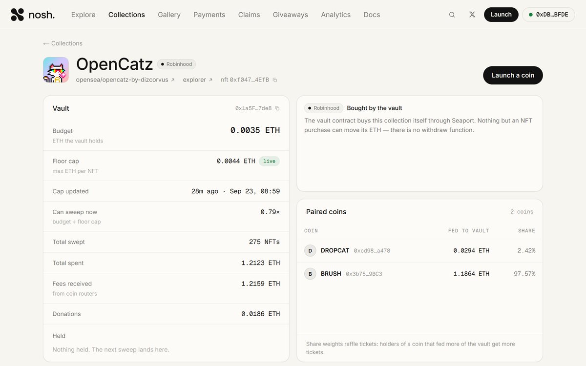 itsdizcorvus's tweet photo. I was going through recent progress and onchain activity for OpenCatz today and caught something really interesting.

A holder seems to have deployed on a platform called @UseNosh.

If you haven't seen them yet, it's a memecoin launchpad where creator fees do one thing: buy the floor of an NFT collection and hand the NFTs to the coin's holders. It runs on Robinhood Chain on top of Pons V2, with contracts handling the parts you would normally have to trust a personal wallet for.

So far, two tickers have been launched and paired with the OpenCatz collection.

Between those two launches, the contracts have generated 1.2 ETH total in creator fees, buying back 275 OpenCatz NFTs off the floor and distributing them directly to holders.

To me, this is a great example of a positive CTO dynamic. No central team coordination was required. A community member found a protocol they liked, decided to plug it into the collection, and created real onchain activity.

When holders take the initiative to experiment with new protocols and mechanics for their NFTs, the whole ecosystem benefits.

Disclaimer: Whatever happens here is not the founder's responsibility. This is purely a community takeover (CTO) and not an official deployment. As always: NFA, DYOR, and be careful out there.