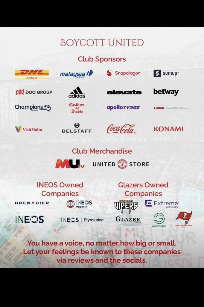 StretfordPost's tweet photo. ENOUGH IS ENOUGH! 

INEOS and the Glazers are destroying Manchester United. Protests don't work. So let's hit them where it hurts. #BoycottUnited #GlazersAndIneosOut https://t.co/eAWyFYDpFC