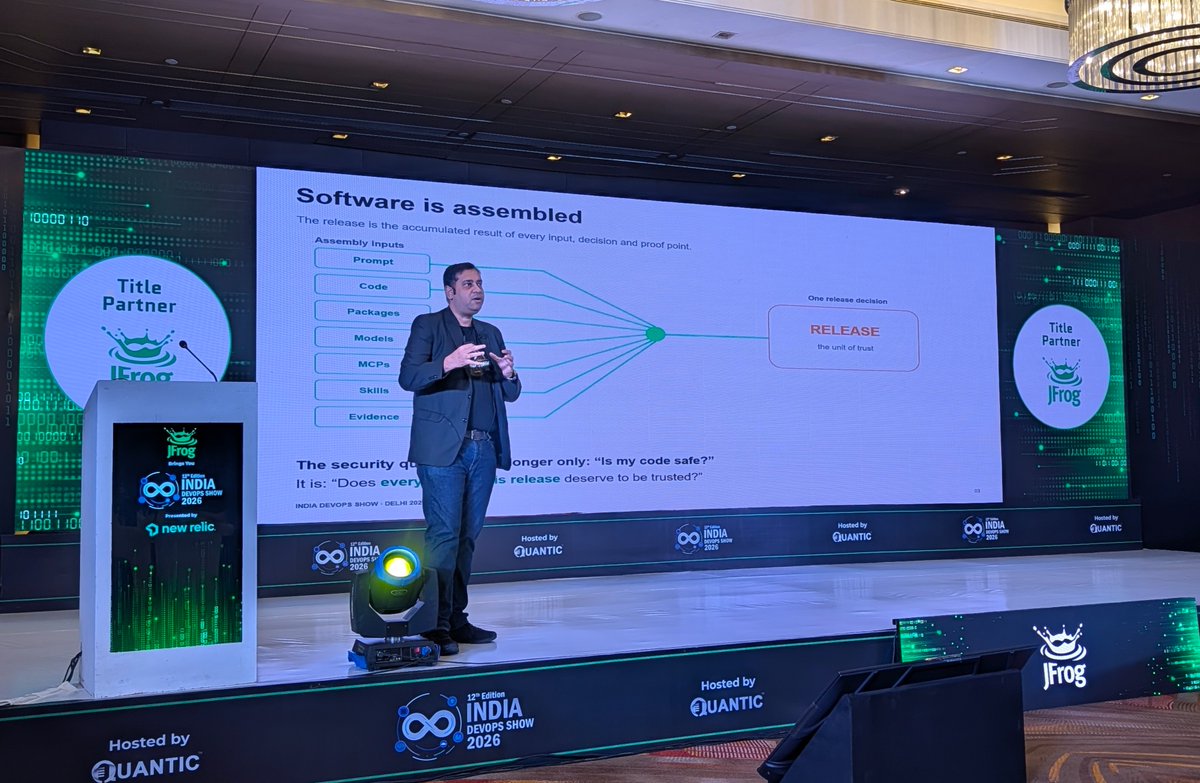 jfrog's tweet photo. That's a wrap on the #IndiaDevOpsShow Delhi 🇮🇳 

It was a full day of conversations with industry leaders across the ecosystem. One question kept coming back: how do you ship software faster without losing control over what goes into it?

Thank you to everyone who stopped by to talk about #binaries, build pipelines, and #softwaresupplychain security with the team. And a special thanks to Yashaswi Mudumbai for a packed session on "What you ship is no longer just code."

Missed catching up with us in Delhi? No problem -let's connect here: https://t.co/ft17iQ3GgE 

Until the next one 🐸  

#EveryOps #DevSecOps