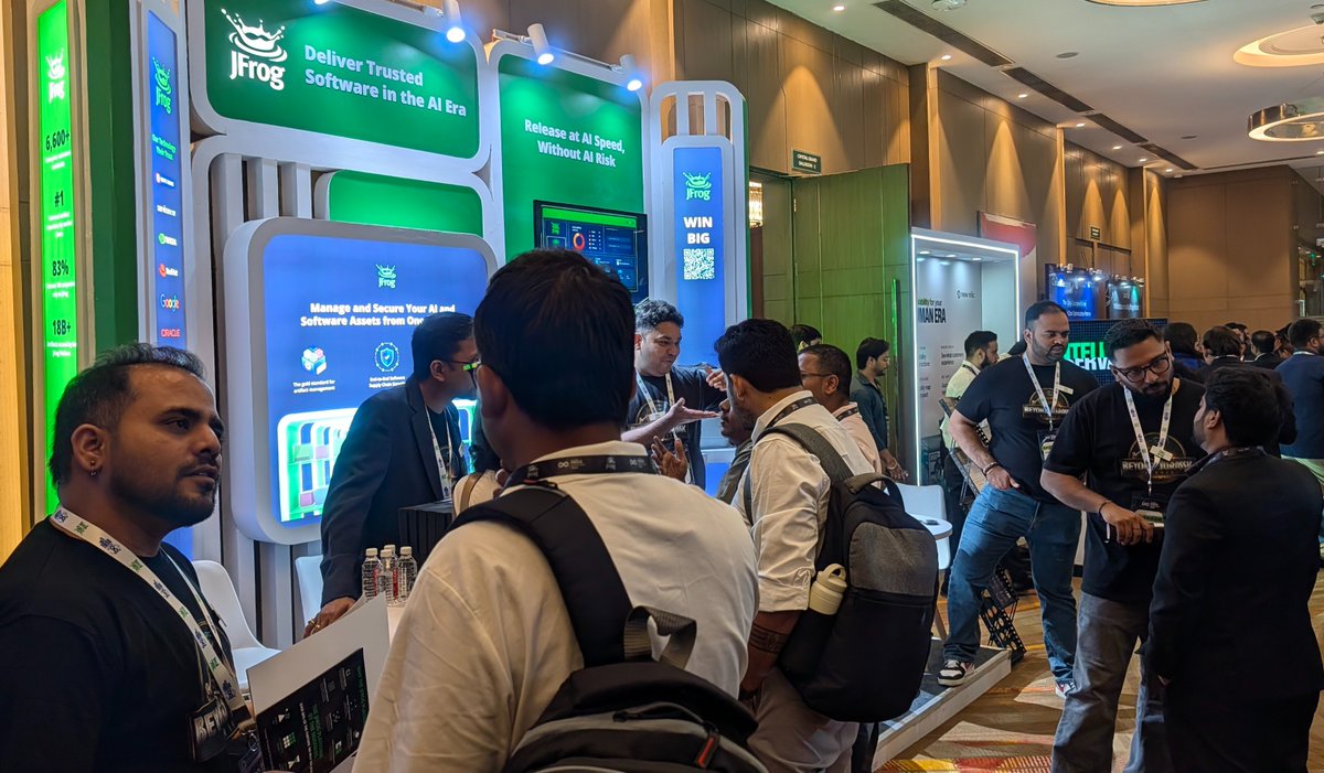 jfrog's tweet photo. That's a wrap on the #IndiaDevOpsShow Delhi 🇮🇳 

It was a full day of conversations with industry leaders across the ecosystem. One question kept coming back: how do you ship software faster without losing control over what goes into it?

Thank you to everyone who stopped by to talk about #binaries, build pipelines, and #softwaresupplychain security with the team. And a special thanks to Yashaswi Mudumbai for a packed session on "What you ship is no longer just code."

Missed catching up with us in Delhi? No problem -let's connect here: https://t.co/ft17iQ3GgE 

Until the next one 🐸  

#EveryOps #DevSecOps