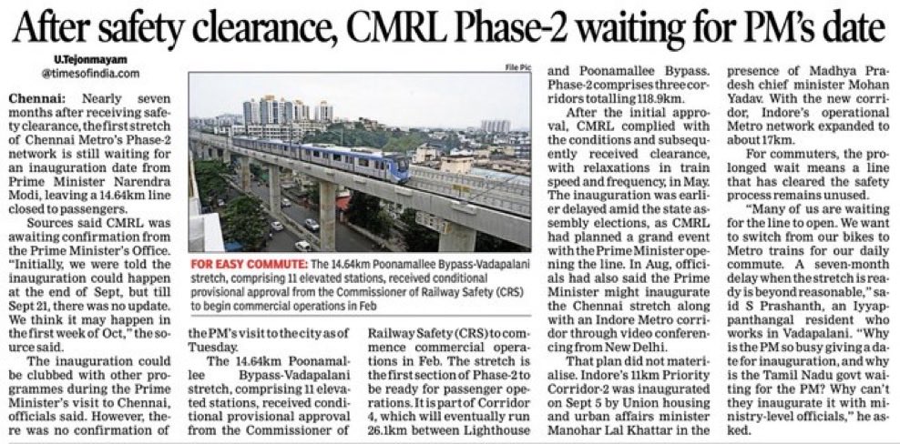 UpdatesChennai's tweet photo. Nearly 7 months after receiving safety clearance, the first operational stretch of Chennai Metro Phase-2 is still waiting for PM Modi's date for inauguration...😪 https://t.co/h5FpTmnqKn
