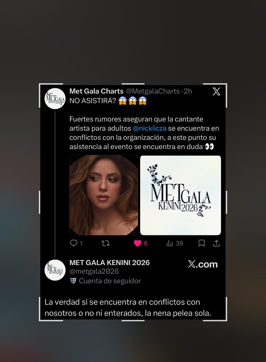 MetgalaCharts's tweet photo. La página oficial de @metgala2026 AARREMETE contra @nickiicza, comentándole que es una pendeja una puta y una estúpida que pelea sola 😱😱😱😱 https://t.co/7uRVZo2ih2