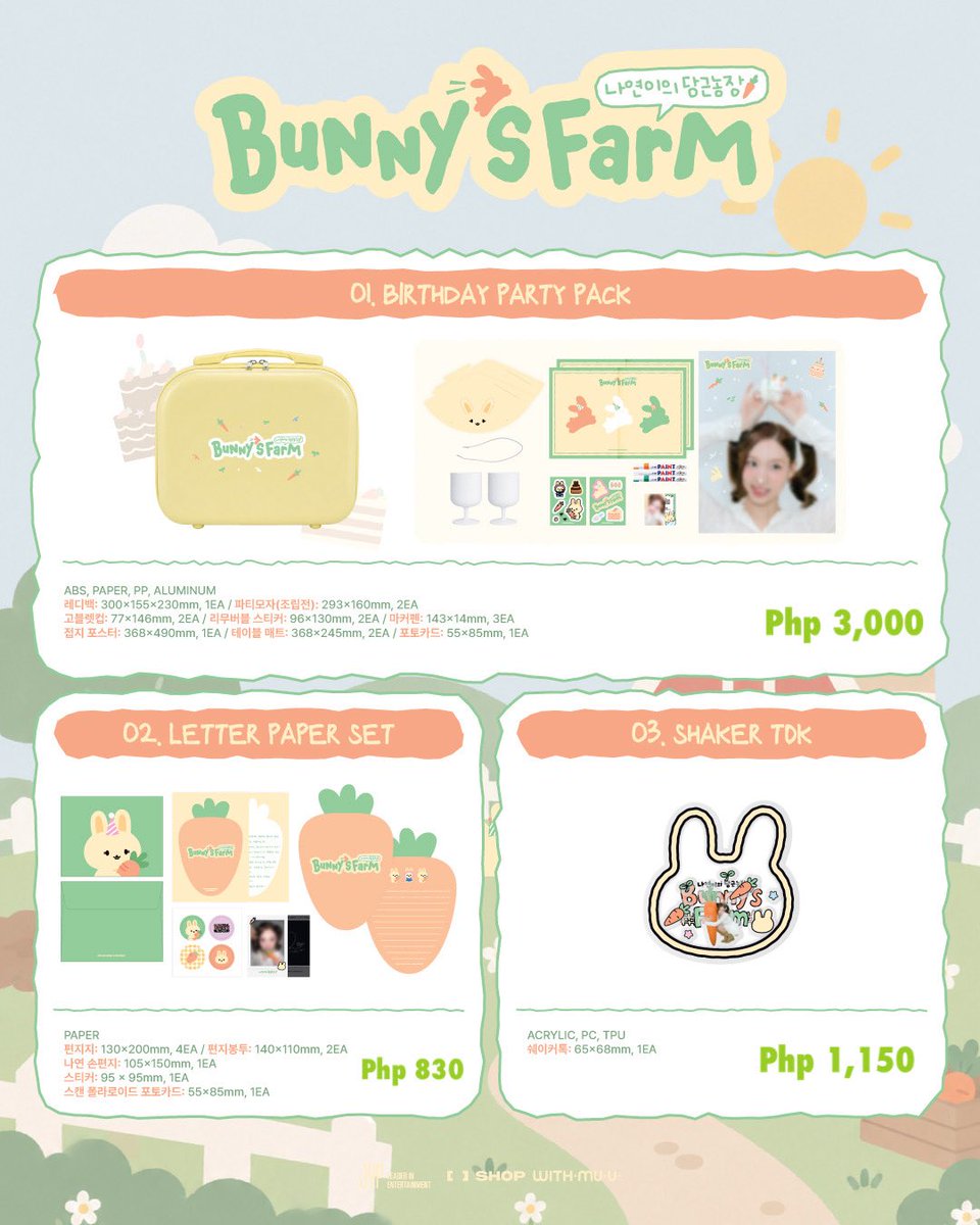 knkshoppeph's tweet photo. PH GO | TWICE NAYEON BUNNY’S FARM OFFICIAL MERCH

Birthday Party Pack - Php 3,000
Letter Paper Set - Php 830
Shaker Tok - Php 1,150
ID Photo Set - Php 480
Tin Case and Bandage Set - Php 830
Pajamas - Php 4,550
Room Slippers - Php 1,900

Prices are all-in except local sf. (Local sf - free for purchases above Php 3,000)

50% dp to secure, balance upon arrival in PH

DM to order!