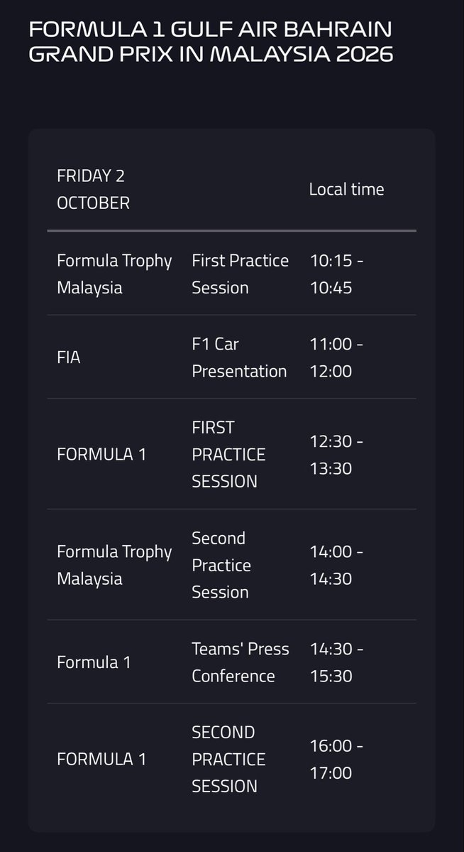 jenhyuflmz's tweet photo. full schedule for bahrain grand prix at sepang! can check on f1 official website or f1 appss https://t.co/eFAH3jcDMr