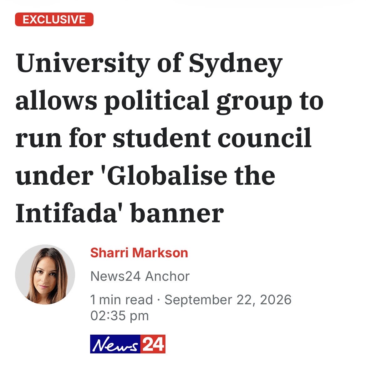 JoshFrydenberg's tweet photo. It is completely unacceptable for the The University of Sydney to allow a student political group to run for council elections under the banner, “Globalise the Intifada”.

This is an explicit term calling for a violent uprising against Jews by people who have made public their support for Hamas.

The Bondi Massacre last December in which 15 innocent people lost their lives is exactly what ‘Globalise the Intifada’ means for Australia.

This is a line in the sand. 

In the face of this explicit call for violence on Australian soil our Prime Minister cannot remain on the sidelines; the NSW Premier whose heart has been in the right place on these issues cannot remain too timid; and the University of Sydney Vice Chancellor who did not do enough to protect students and staff from harassment and hate after October 7 cannot remain in denial.

It’s high time for our leaders to act with the courage, moral clarity and strength our country urgently needs. There can be no if’s or but’s. This move to normalise the dangerous and deadly term ‘Globalise the Intifada’ must be stopped. 

After the deadliest terrorist attack in Australia’s history and with a Royal Commission into antisemitism currently underway one would think there would be no need to bring attention to this issue. 

But the fact there is shows how much more work we all need to do to become more cohesive as a society and how much better our leaders need to be at upholding their first and fundamental duty to all citizens, keeping us safe.