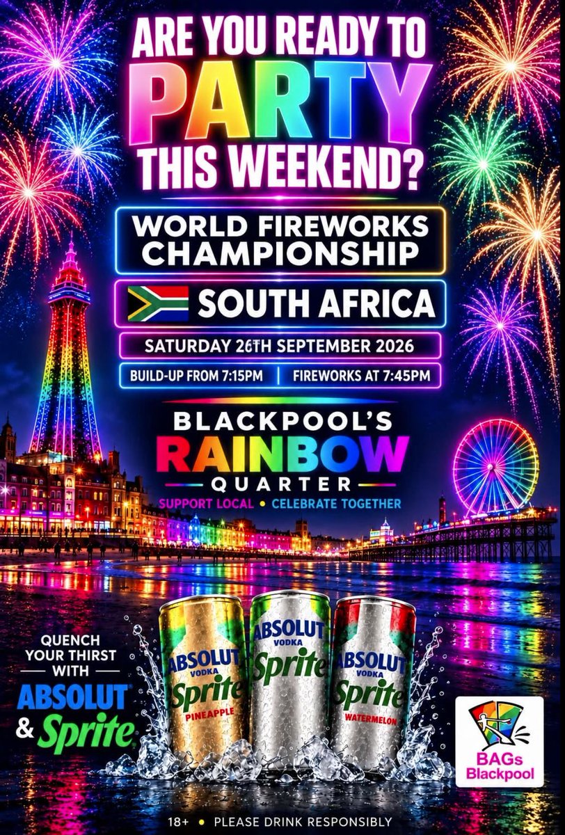 BAGsBlackpool's tweet photo. The World Fireworks Championship  this Saturday, with South Africa’s lighting up the skies above the famous Blackpool Tower! 
 Saturday 26th September 2026
 Fireworks at 7:45pm
#BlackpoolRainbowQuarter #WorldFireworksChampionship #BlackpoolFireworks #SupportLocal https://t.co/MgURfJTen1