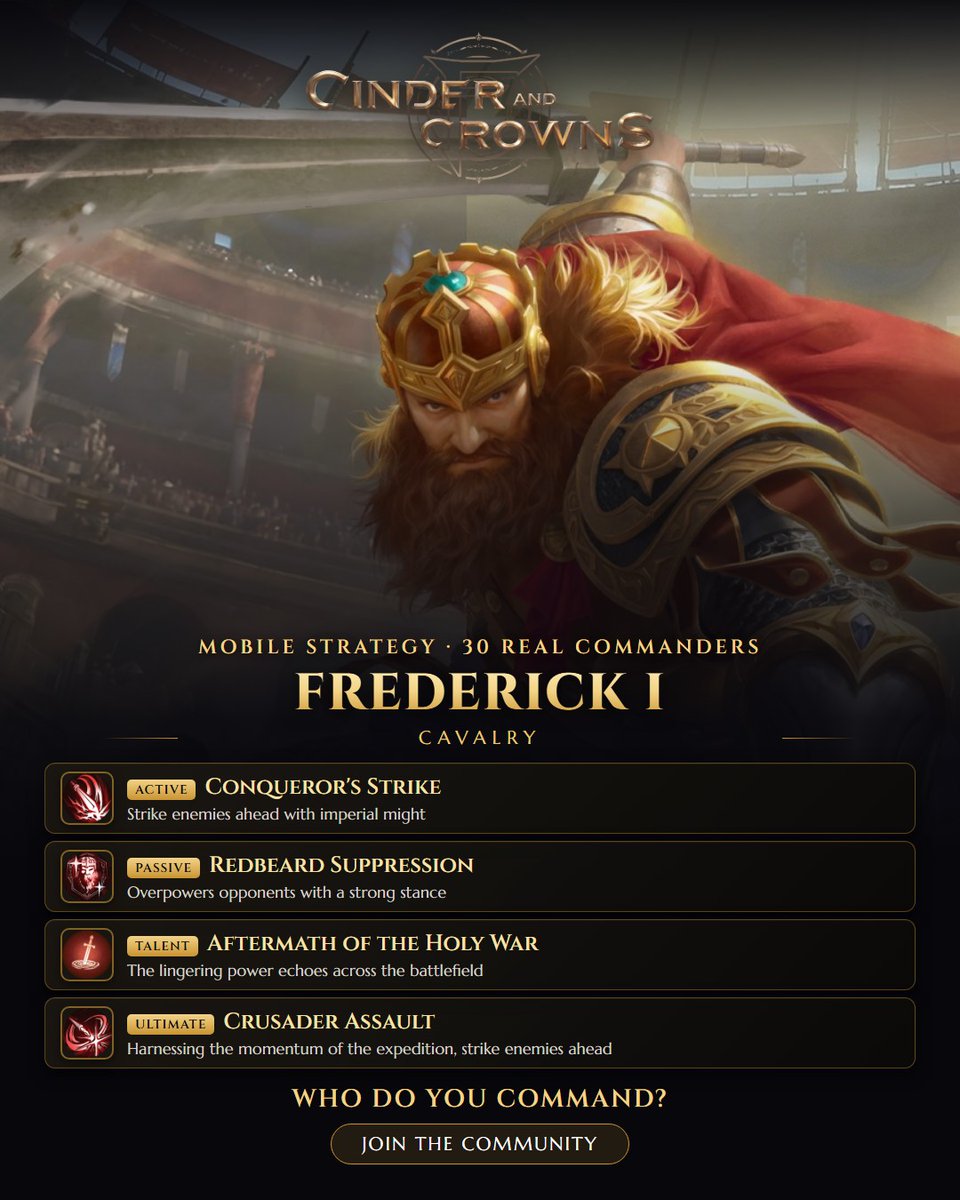 CinderNCrowns's tweet photo. Frederick I · Cavalry — Strikes the target ahead with imperial power
Would you run them? Full builds &amp; counters live in our community 👉 https://t.co/nFXlK7Q6ZZ https://t.co/TY2ZC6acqp
