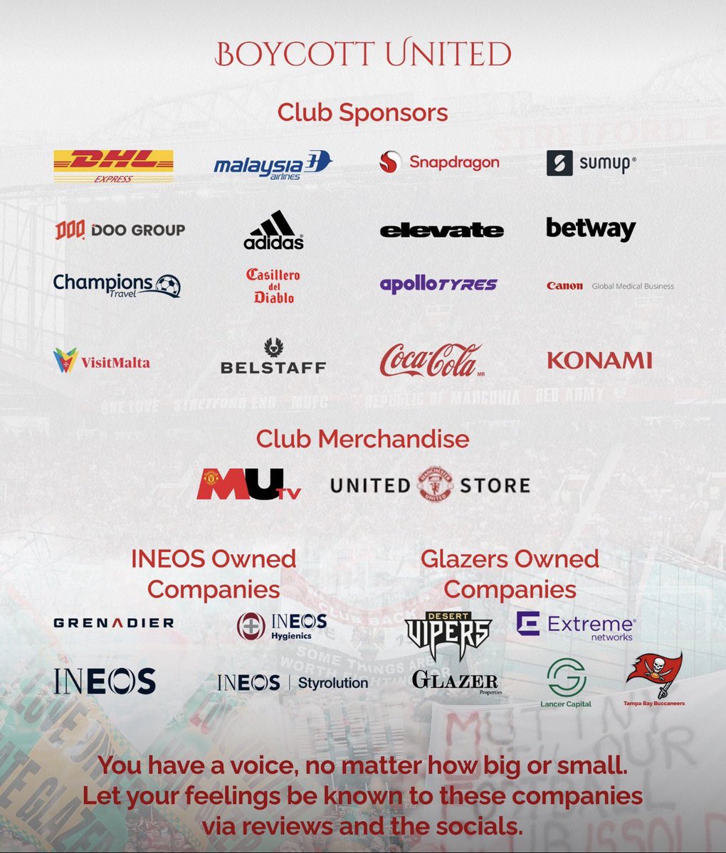 PhilOhmsford's tweet photo. INEOS and the Glazers have DESTROYED this football club.

It's time for United fans to unite and fight back. It's time to hit them where it hurts the most. Let's express our feelings towards these sponsors via email.

 #BoycottUnited #GlazersAndIneosOut #SaveUnited https://t.co/HIhWiWYO7h
