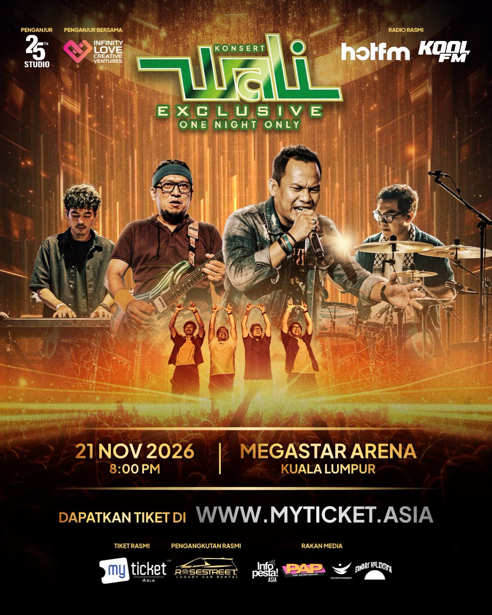 MegaStarAr15646's tweet photo. 𝗞𝗢𝗡𝗦𝗘𝗥𝗧 𝗪𝗔𝗟𝗜 𝗘𝗫𝗖𝗟𝗨𝗦𝗜𝗩𝗘 — 𝗢𝗡𝗘 𝗡𝗜𝗚𝗛𝗧 𝗢𝗡𝗟𝗬

📅 Date: 21 November 2026 (Saturday)
⏰ Time: 8:00 PM
📍 Venue: MegaStar Arena, Kuala Lumpur

🎟️ Ticket: 𝟐𝟑𝐫𝐝 𝐒𝐞𝐩𝐭𝐞𝐦𝐛𝐞𝐫 (𝐖𝐞𝐝) 𝐟𝐫𝐨𝐦 𝟏𝟐𝐩𝐦 𝐨𝐧𝐰𝐚𝐫𝐝𝐬 - https://t.co/Xa06tgX0fr https://t.co/54SCbHvYEg