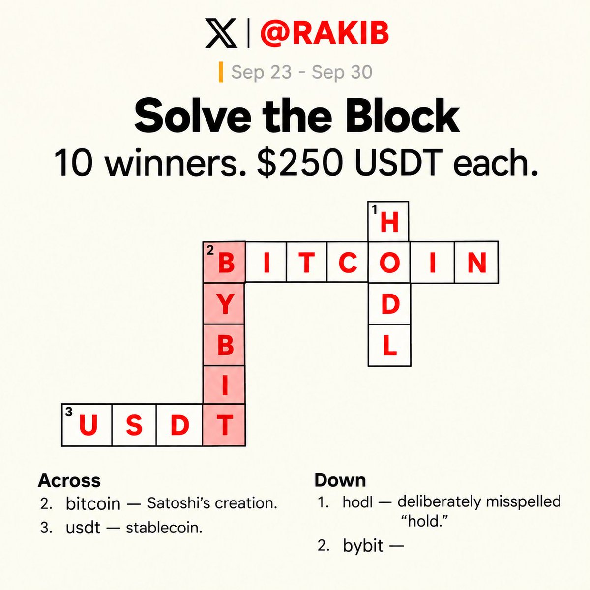 Unlucky654's tweet photo. @Bybit_Official 1. Across 2 — BITCOIN ✅
2. Across 3 — USDT ✅
3. Down 1 — HODL ✅
4. Down 2 — BYBIT ✅

 Final answer: BITCOIN / USDT / HODL / BYBIT https://t.co/Br2m5qKPIH