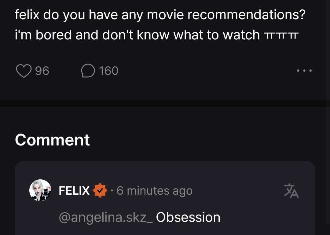 bbokseungah's tweet photo. felix recommends watching obsession!

🤍 felix do you have any movie recommendations? i'm bored and don't know what to watch ㅠㅠㅠ

🐥 Obsession https://t.co/A1vJbeNAtc