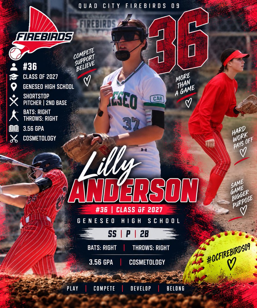 QCFirebirds09's tweet photo. 🔥 PLAYER SPOTLIGHT 🔥

Meet #36 Lilly Anderson, a 2027 from Geneseo High School!

🥎 SS | P | 2B | R/R
📚 3.56 GPA
✂️ Interested in Cosmetology

A versatile athlete who brings value on both sides of the ball. Keep an eye on #36! 👀🔥

#QCFirebirds09 #2027Softball #SoftballRecruiting
