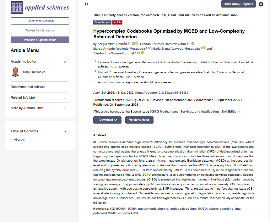 RoboticaCic's tweet photo. ¡Nueva publicación!
Nos complace compartir el artículo “Hypercomplex Codebooks Optimized by MQED and Low-Complexity Spherical Detection”, publicado el 21 de septiembre de 2026 en la revista científica Applied Sciences. https://t.co/t84jCiesF4