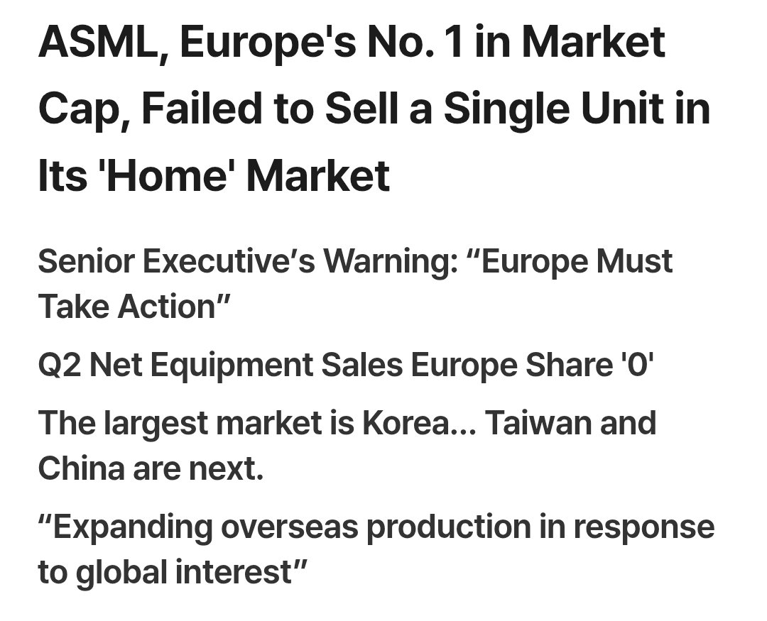 SemiconductorsX's tweet photo. According to Bloomberg on the 22nd (local time), Frank Heimskerk, Executive Vice President of ASML, stated at an event held in Amsterdam the previous day, “We are not selling anything in Europe.” He, who oversees global external affairs, explained, “This is because Europe is not investing, and semiconductor factories are not being built in Europe.” 

ASML is the world’s only company that manufactures extreme ultraviolet (EUV) lithography equipment, which is essential for producing cutting-edge semiconductors. 

This technology is indispensable for producing high-tech semiconductor chips. 

Companies such as Taiwan’s TSMC and Samsung Electronics use this company’s equipment to etch fine transistor circuits onto silicon wafers, serving as the foundation supporting the global artificial intelligence (AI) boom.
