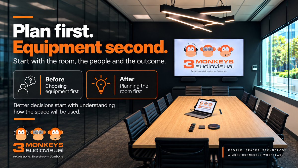 3monkeysav's tweet photo. The best AV solutions start with people, not equipment. Understand the users, room size and workflow first. Get that right, and choosing the technology becomes much easier.

#AV #VideoConferencing #AVDesign https://t.co/ERPMwwyem4