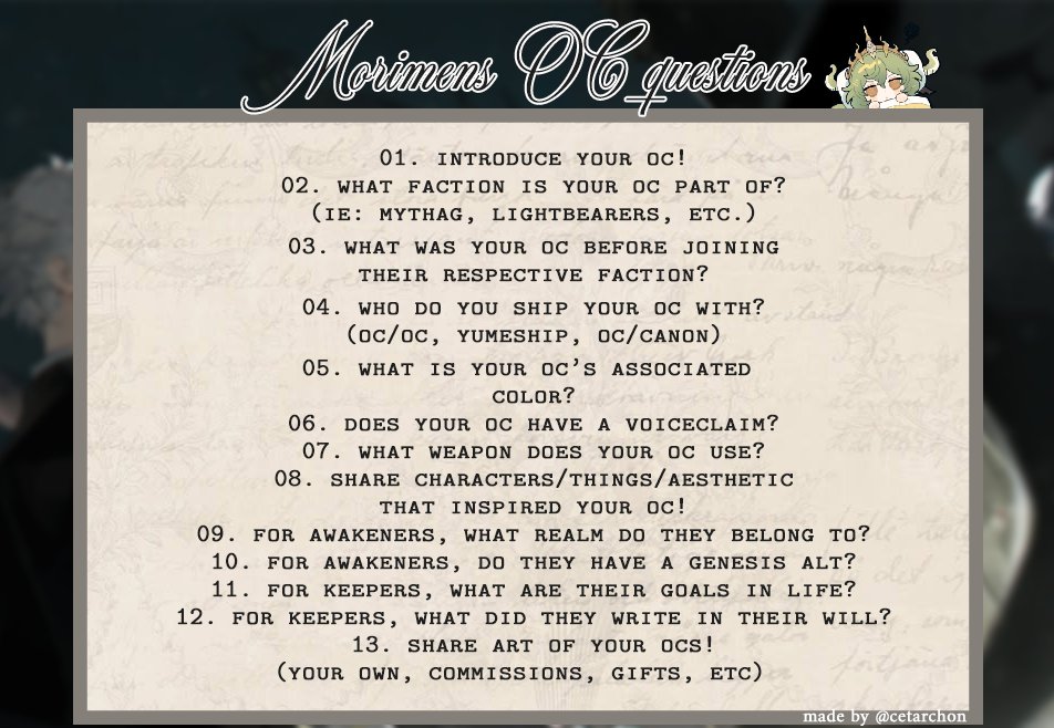 cetarchon's tweet photo. Since there's no Morimens specific oc meme, I decided to make one myself! Hopefully you will enjoy it 🙏
#Morimens #MorimensOC https://t.co/1bWh1aDCqS