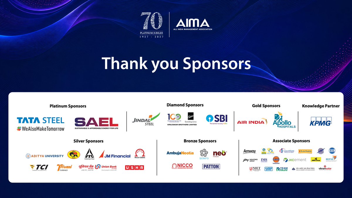 aimaindia's tweet photo. We thank our sponsors for their invaluable support in making AIMA’s 53rd National Management Convention a grand success. 

Your partnership has been instrumental in making the Convention a meaningful platform for leaders, ideas and conversations. 

#NMC2026 https://t.co/1evZOj7Y9Q
