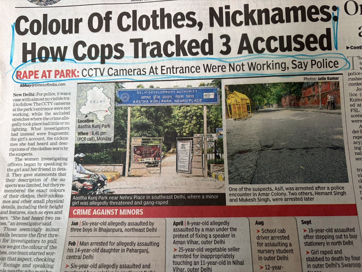 thekiranbedi's tweet photo. ‘CCTV Cameras were not working’ 
Whose duty was it to ensure they do. Whose Park? 
Also was being reported to be an unsafe place? 
If so what was being done by the Park Authorities and the local police? 
Where is the Beat System of policing? Who is the Beat Officer? 
Where is staff of Park maintainance?
Where are watchmen if any? 
Failure at diff levels of duty by ground agencies concerned facilitate such terrible incidents.
Girls too need to take due precautions before they choose visiting sites. 
Precaution is not being afraid but being careful and wise. 
As there  are enuf vagabonds lurking out and at large. 
Good that the arrests have been without loss of evidence. 
@DelhiPolice @LtGovDelhi