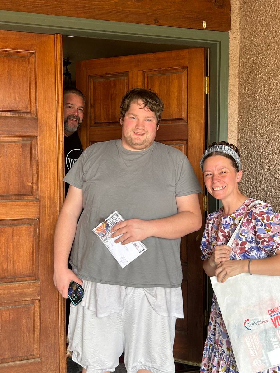 CherylCaswellAZ's tweet photo. Clanton Ranch Rep @HopeBuckles77  is connecting with her voters!
She met Don and Bella at the park after we knocked his door then a 2 for 1-she met her 2 voters Cody and John. John photo bombed for the @TPAction team!
Let’s Go Arizona! https://t.co/osVz2B7tzu
