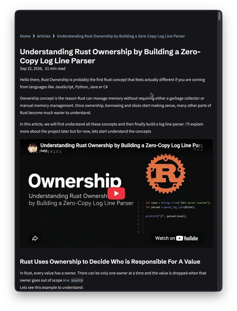 sheerluck_io's tweet photo. Hello my Rust people,
🚨Published Rust Ownership article on our Rust learning series. In this article, you'll build a zero-copy log parser using ownership and borrowing concepts in Rust

I hope you'll love it. The blog design has changed and the domain as well https://t.co/gCNpaeFK8F