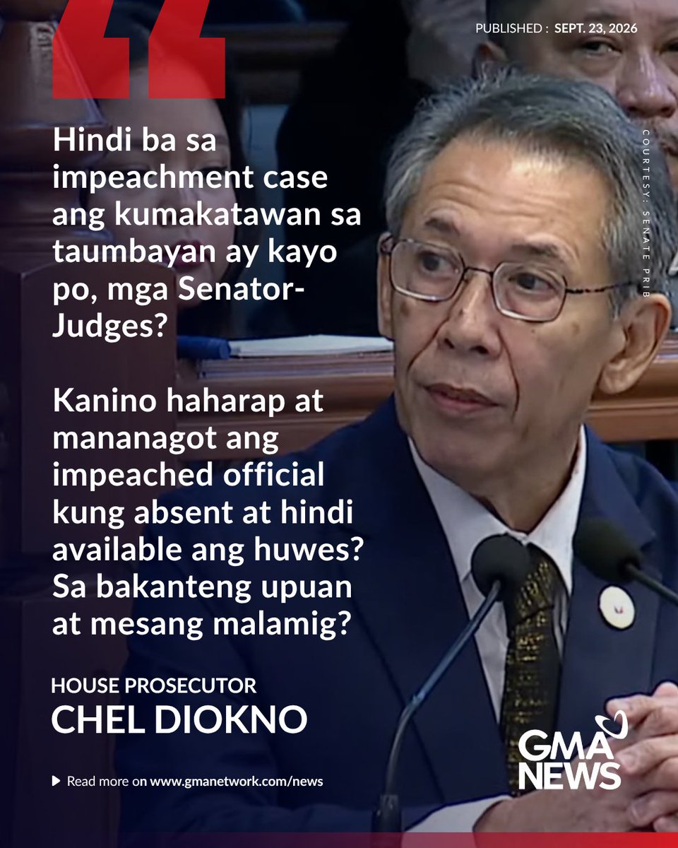 gmanews's tweet photo. ‘KANINO HAHARAP AT MANANAGOT ANG IMPEACHED OFFICIAL KUNG ABSENT AT HINDI AVAILABLE ANG HUWES?’

Iginiit ni House Prosecutor Chel Diokno na mahalaga ang aktibong pakikilahok ng mga Senator-Judge sa paglilitis ni Vice President Sara Duterte upang makilatis ang fitness ng opisyal sa kaniyang opisina. 

Hindi raw ito magagawa ng mga senador na hindi nanumpa bilang Senator-Judge o wala sa mga pagdinig ng impeachment court. 

Tutukan ang live coverage ng GMA News sa impeachment trial ni Vice President Sara Duterte: https://t.co/FCvcKBi3z0

Basahin ang iba pang update: https://t.co/UZMLjpuIKL