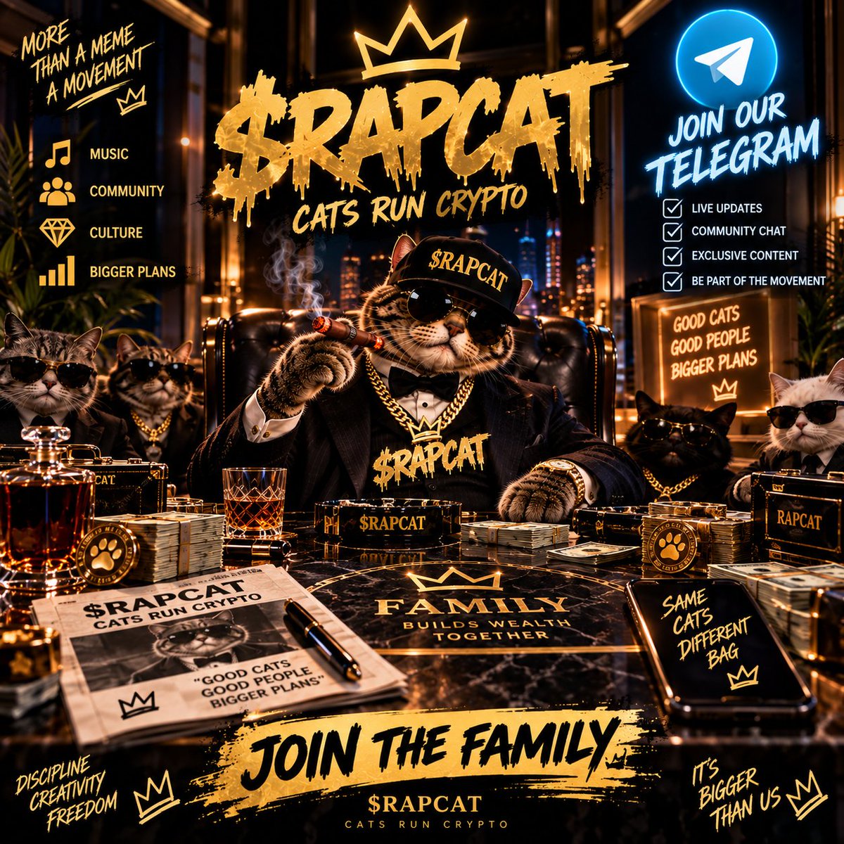 RapCatToken's tweet photo. 🐱👑 THE TABLE IS SET. THE FAMILY IS GROWING.

$RAPCAT isn’t just a meme — it’s a community built around music, memes, culture & creativity. 🎤🔥

The boss has spoken. Now it’s time to pull up a chair. 🕴️🐱

💬 JOIN THE RAPCAT FAMILY:
 Telegram — @RapCatToken
CATS RUN CRYPTO. 🐱🎤👑

#RAPCAT #Solana #Crypto #MemeCoin #CryptoCommunity #RapCat