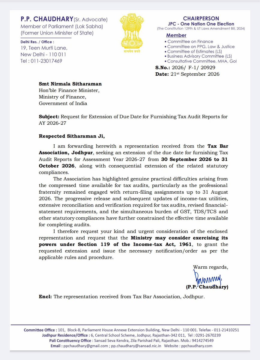 rambajajgst's tweet photo. Retweet For Support and Reach 

MP Shri P.P. Chaudhary Forward Tax Bar Association Jodhpur Representation to FM Smt. Nirmala Sitharaman, requesting extension of Tax Audit due date from 30 Sept to 31 Oct 2026, citing genuine practical difficulties. 🙏

 #ExtendTaxAuditDueDate 

Ram Bajaj
8696424223

For Regular GST Updates, Join this Group
https://t.co/TomhZ4lVGf