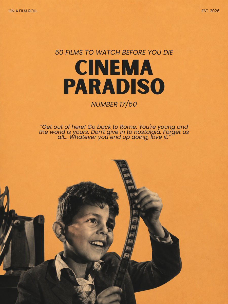 EdraLexgw6e's tweet photo. 🎬 50 Films Before You Die — #17: Cinema Paradiso (1988)

Directed by Giuseppe Tornatore
⭐ IMDb: 8. 5/10

Some films are about cinema. Cinema Paradiso is about why we fall in love with it. Set in a small Sicilian village, the film follows https://t.co/D2sBN9tXqp